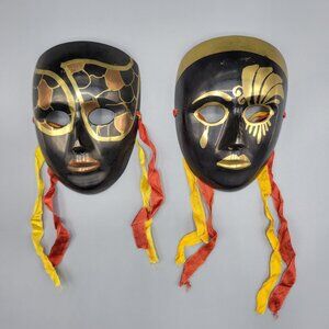 Vintage Decorative Brass Metal Wall Masks Set Of 2 Black With Gold Accents